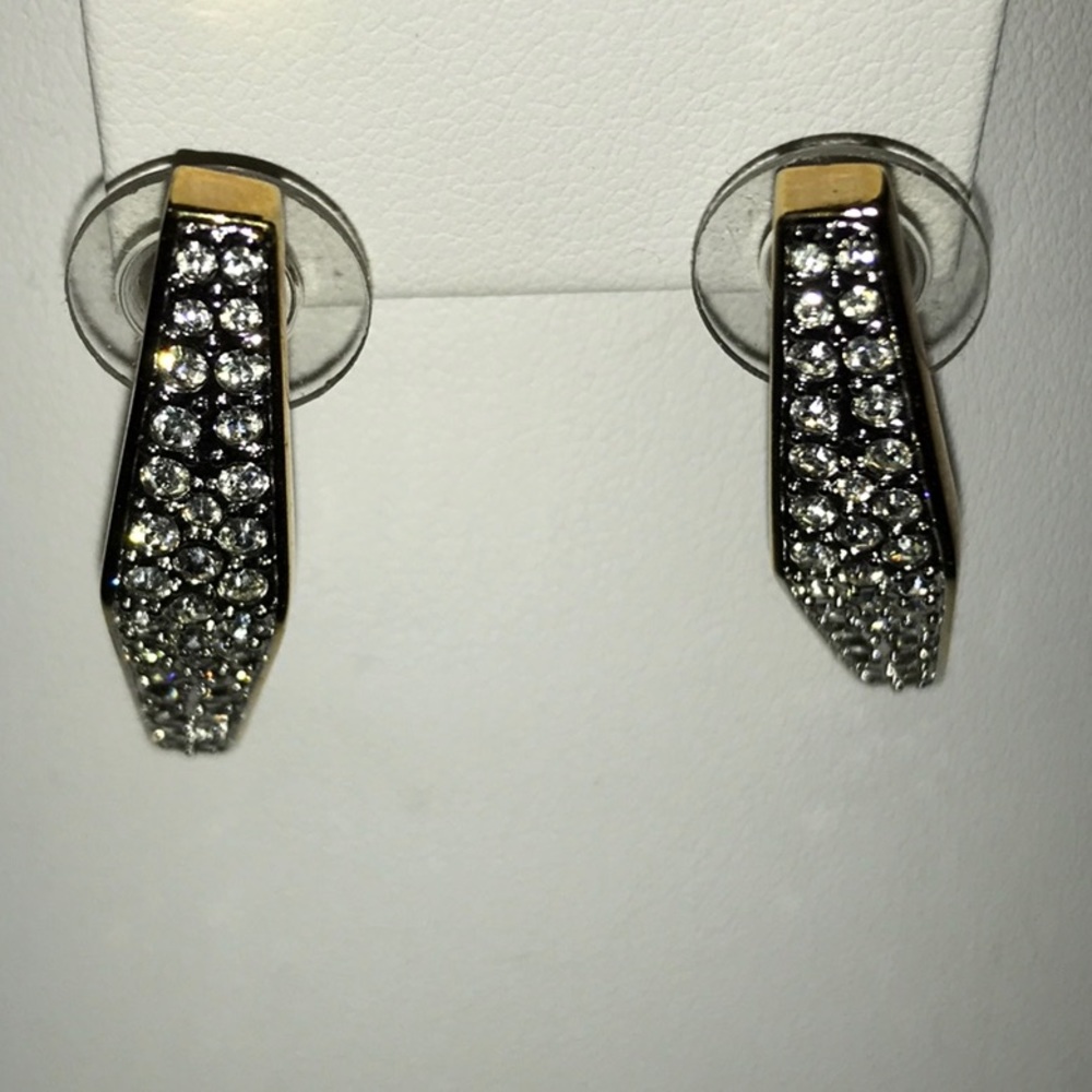 E Pearl earrings, marked Thailand, gold tone designer, clear rhinestones